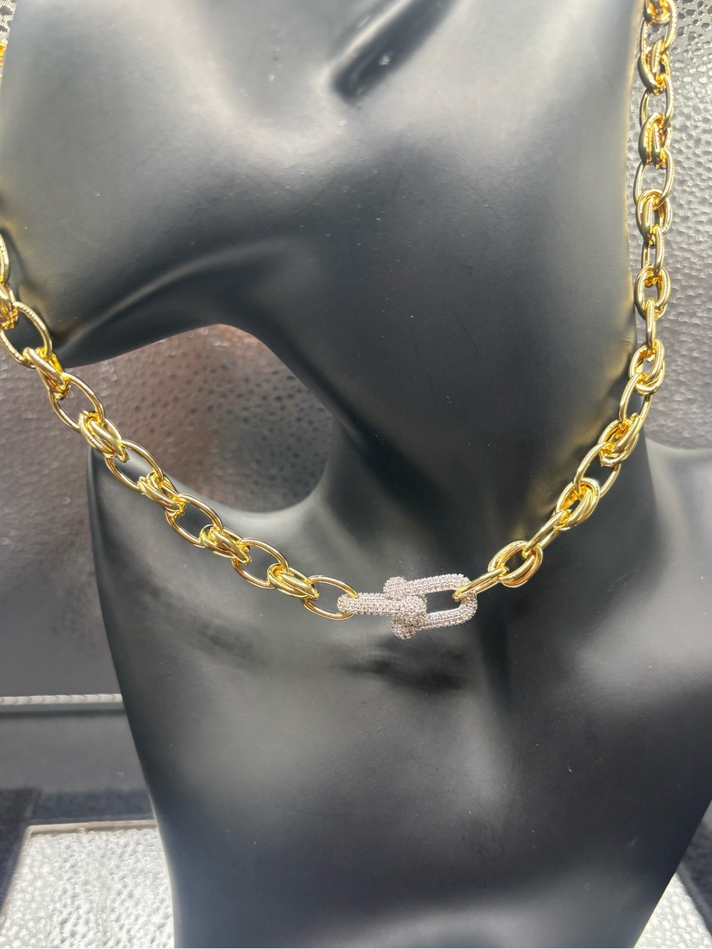 Gold Link Chain Necklace with Pavé Interlock Accent
